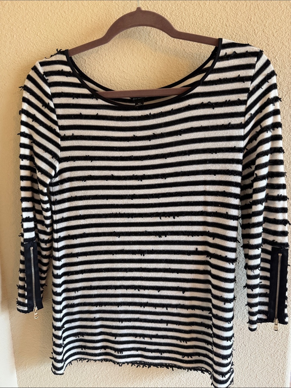 Ann Taylor Black & White Striped Long Sleeve Knit Top with Zipper Cuffs
